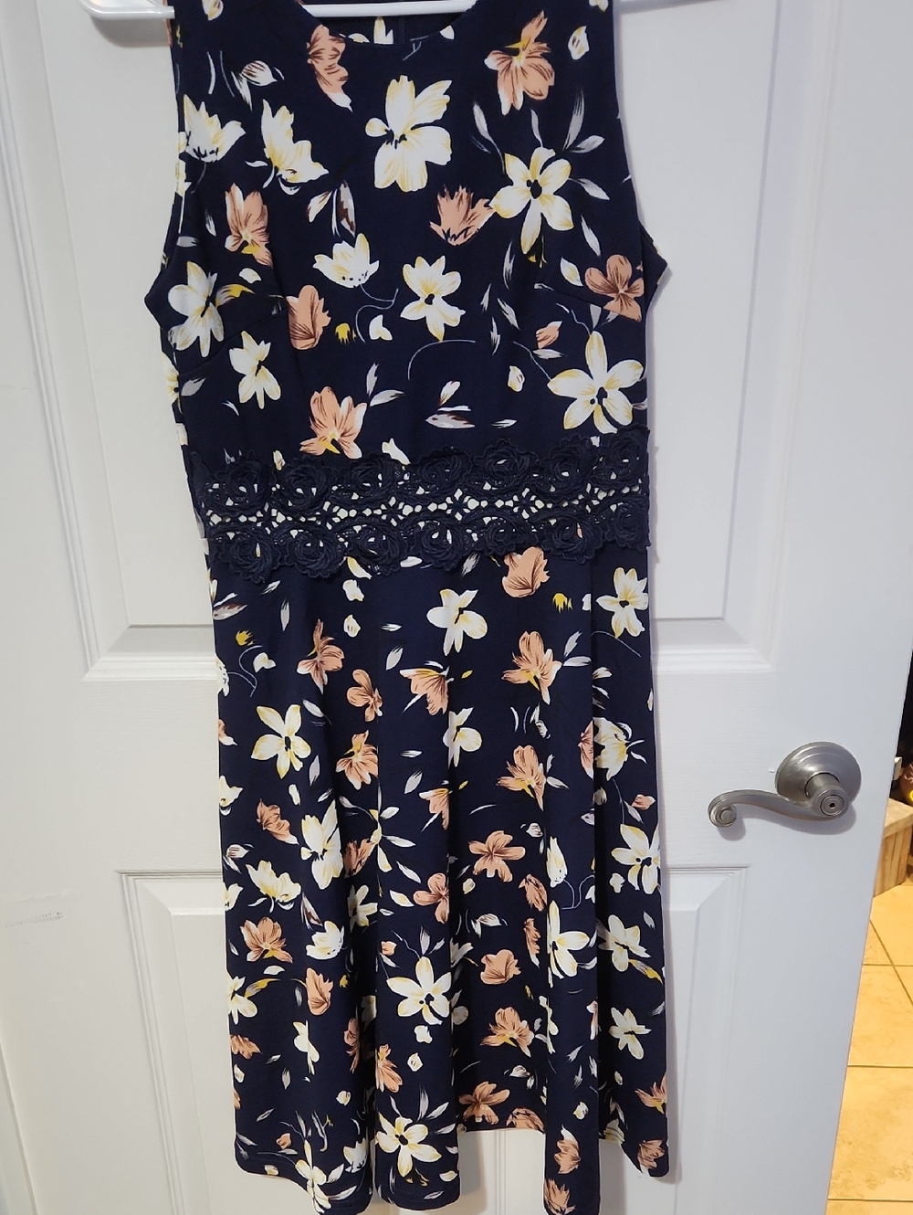 Navy Floral Midi Dress with Lace Waist